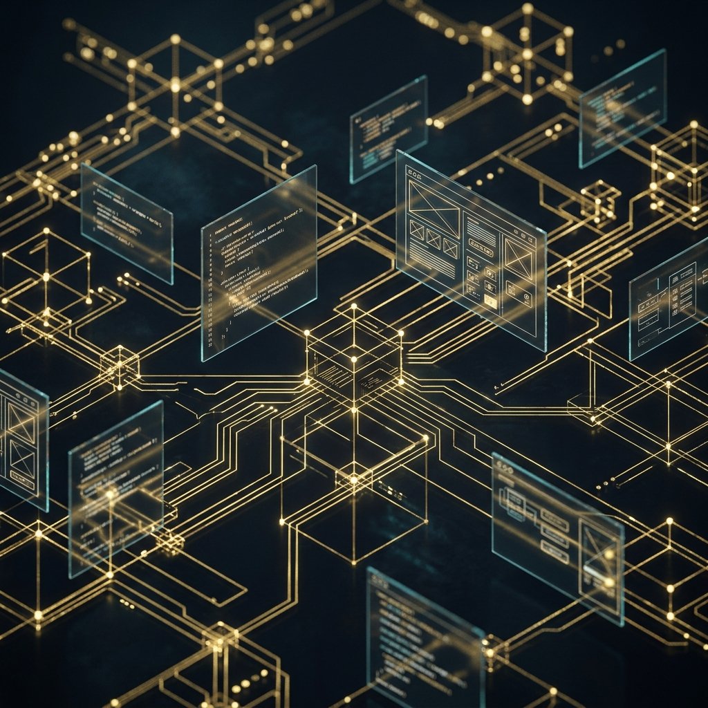 Digital infrastructure visualization — golden wireframe nodes and glass panels